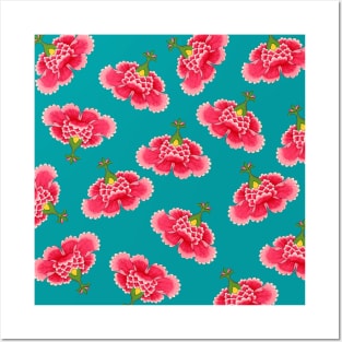 Chinese Vintage Pink and Red Flowers with Teal Blue - Hong Kong Traditional Floral Pattern Posters and Art